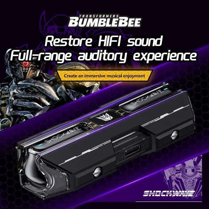 Gaming-Earbuds-Ladecase im Transformers- und SHOCKWAVE-Design mit Sci-Fi-Robotergrafik und HiFi-Schriftzug.