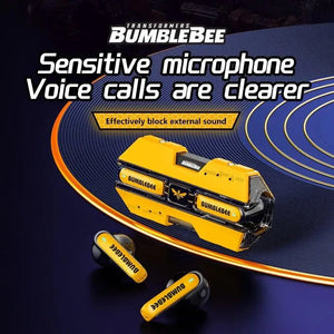 Gelb-schwarze Gaming-Earbuds im Bumblebee-Design mit Ladecase, hervorgehobener Funktion für klare Sprachübertragung