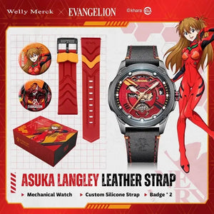 Asuka Langley Fashion watch with red leather and silicone straps