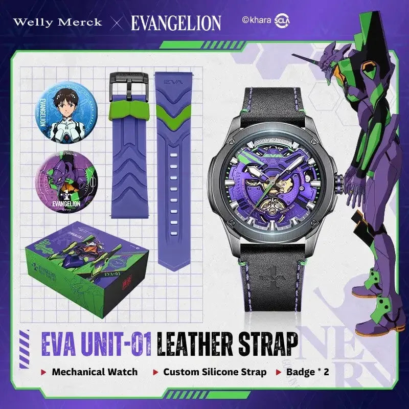 EVA-01 Fashion watch with black leather and silicone straps