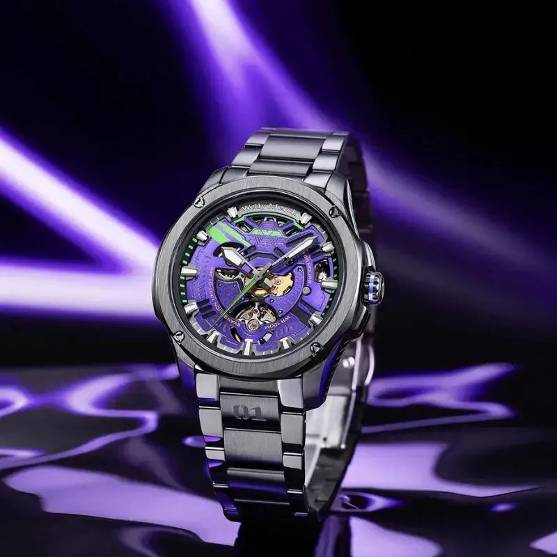 EVA-01 purple Fashion mechanical watch with steel bracelet