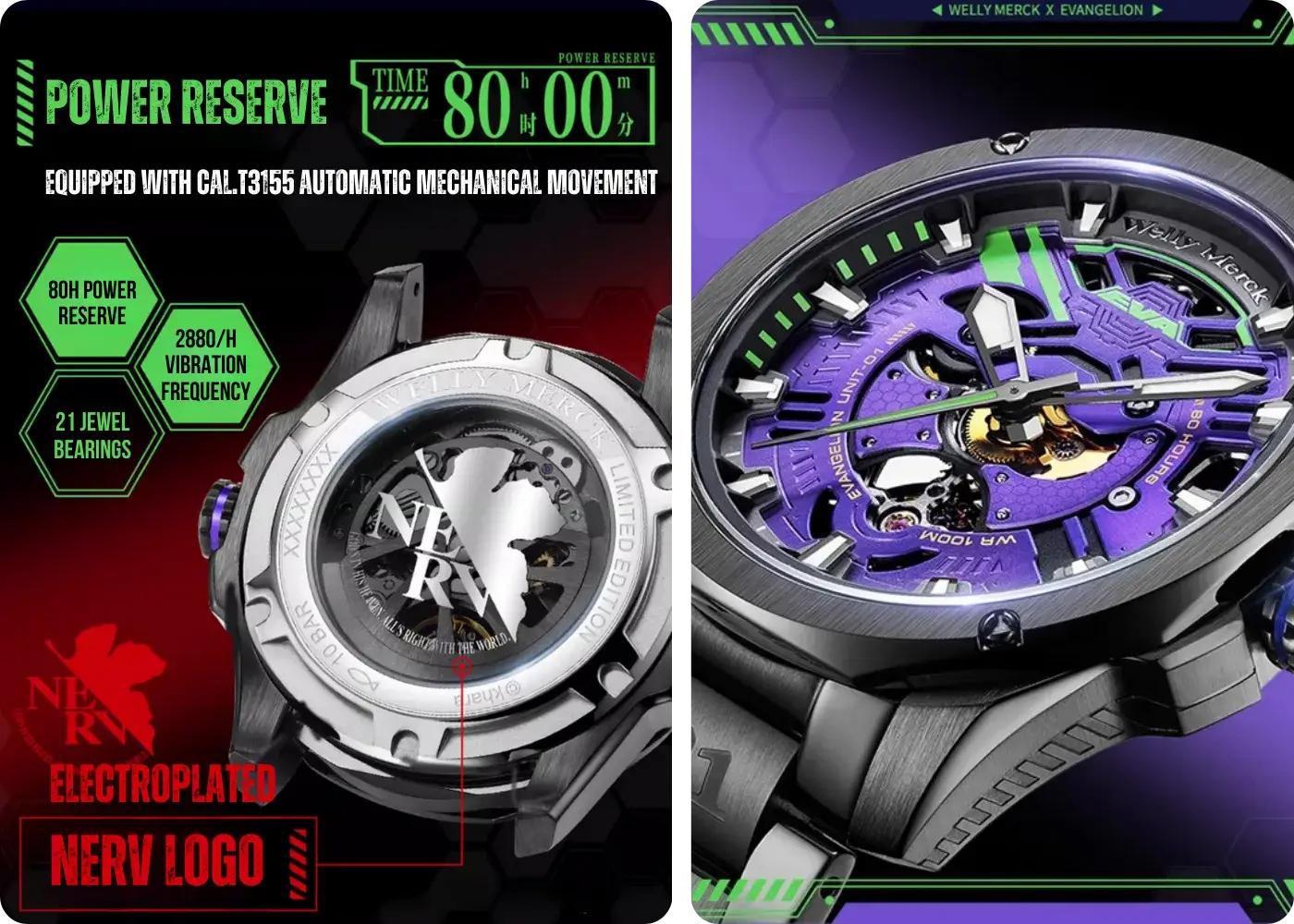 Welly Merck x Evangelion Fashion Mechanical Watch — See Every Movement with a Transparent Case Back