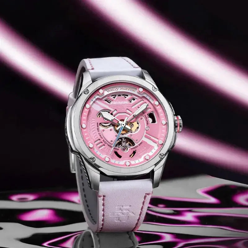Mari Makinami pink Fashion mechanical watch with leather strap