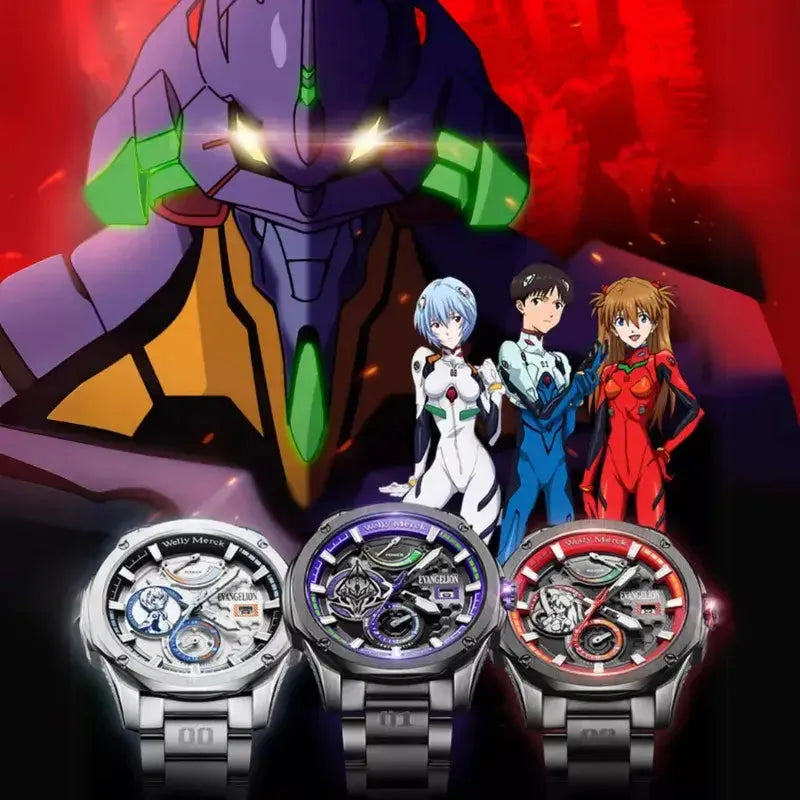 Evangelion Pro mechanical watches in EVA-01, Rei and Asuka colorways