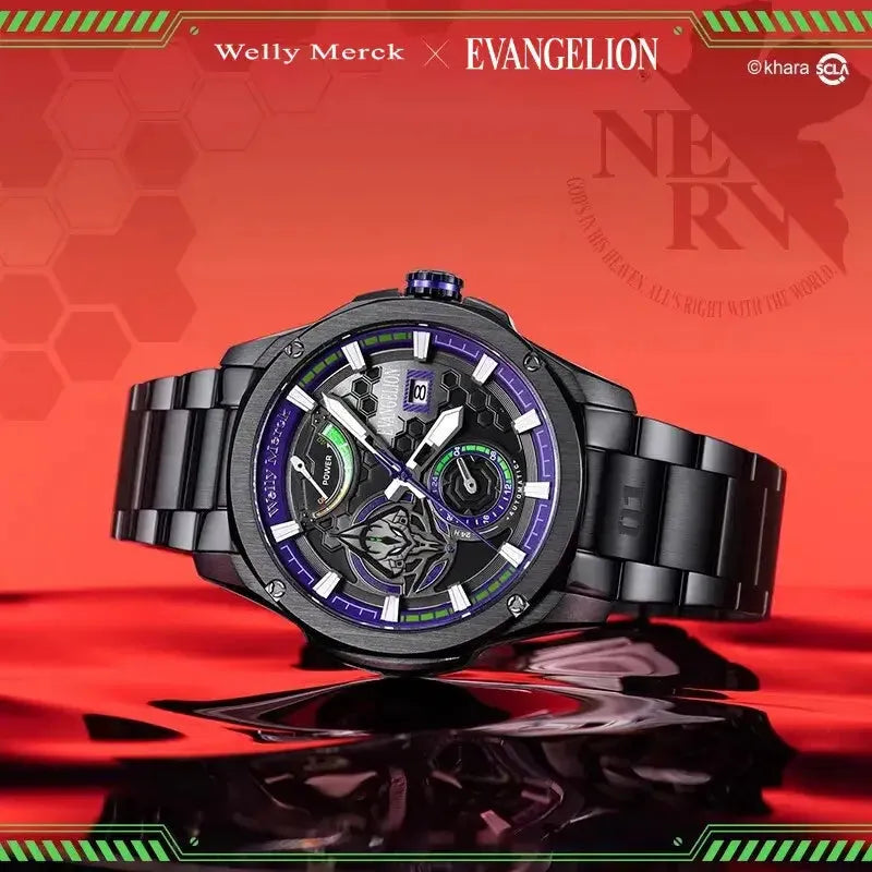 EVA-01 Pro mechanical watch on red Evangelion display