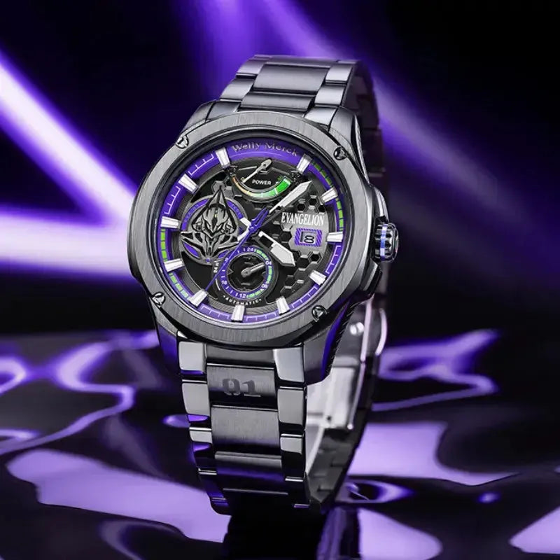 EVA-01 purple Pro mechanical watch with steel bracelet