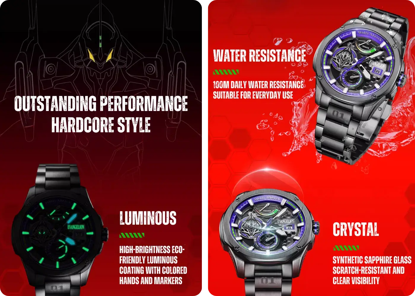 Welly Merck x Evangelion Pro Multi-Function Mechanical Watch — Scratch-Resistant Sapphire Crystal