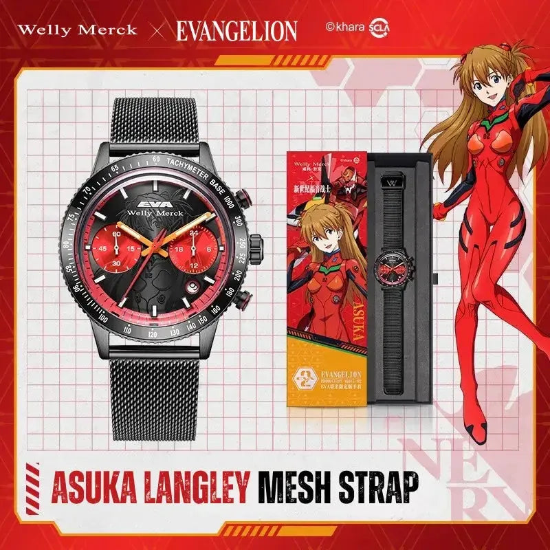 Asuka Langley quartz chronograph watch with mesh strap gift set