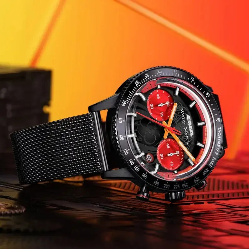 Asuka Langley red quartz chronograph watch with mesh strap