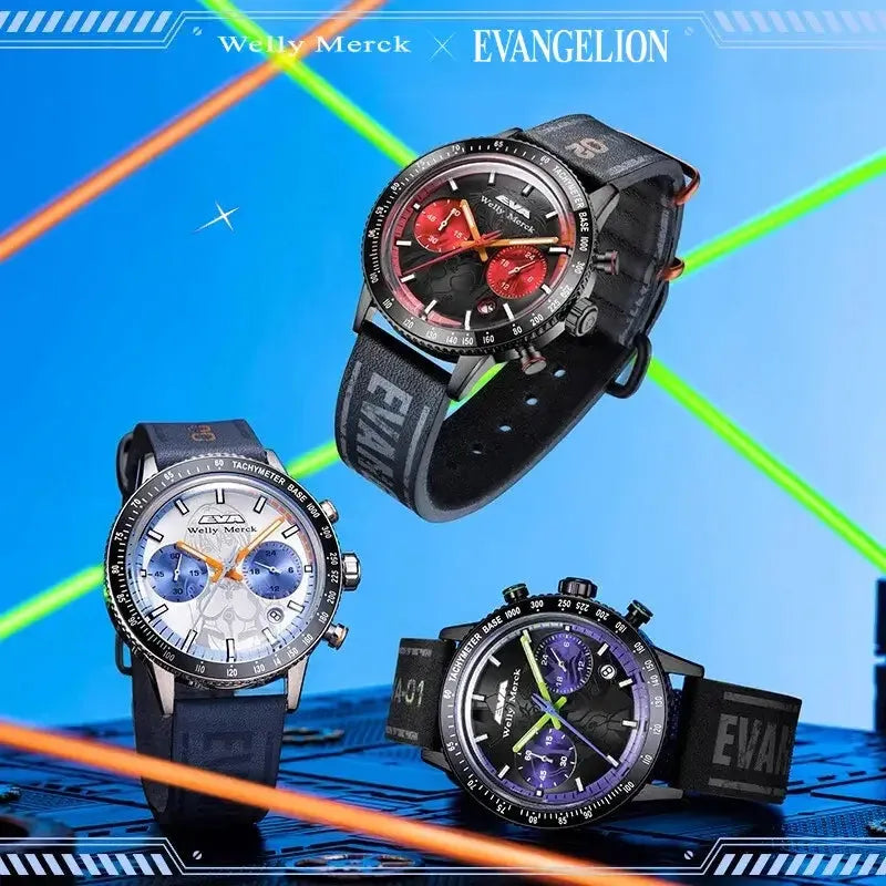 Evangelion Youth quartz watches in EVA-01, Rei and Asuka colorways