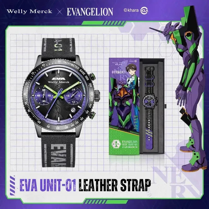 EVA-01 quartz chronograph watch with leather strap and gift set