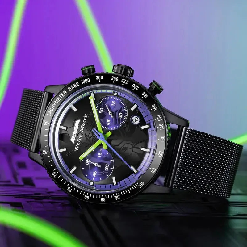 EVA-01 purple quartz chronograph watch with black mesh strap