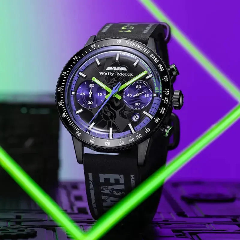 EVA-01 purple quartz chronograph watch with black strap