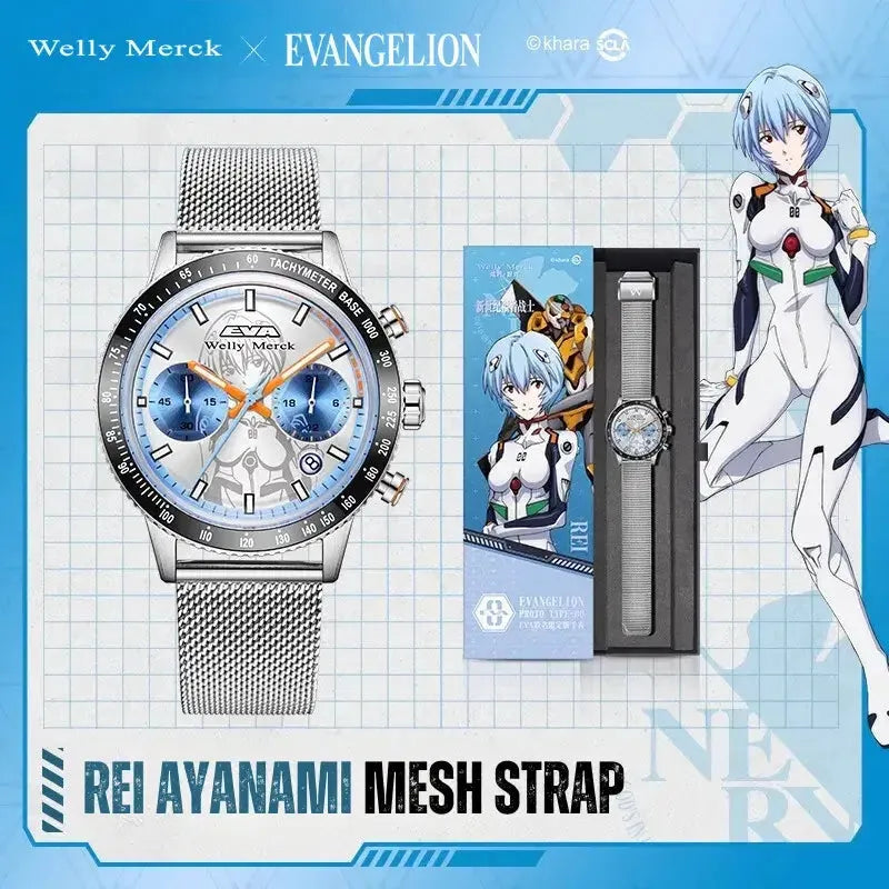 Rei Ayanami quartz chronograph watch with mesh strap gift set
