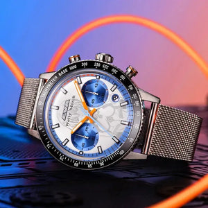 Rei Ayanami white quartz chronograph watch with mesh strap