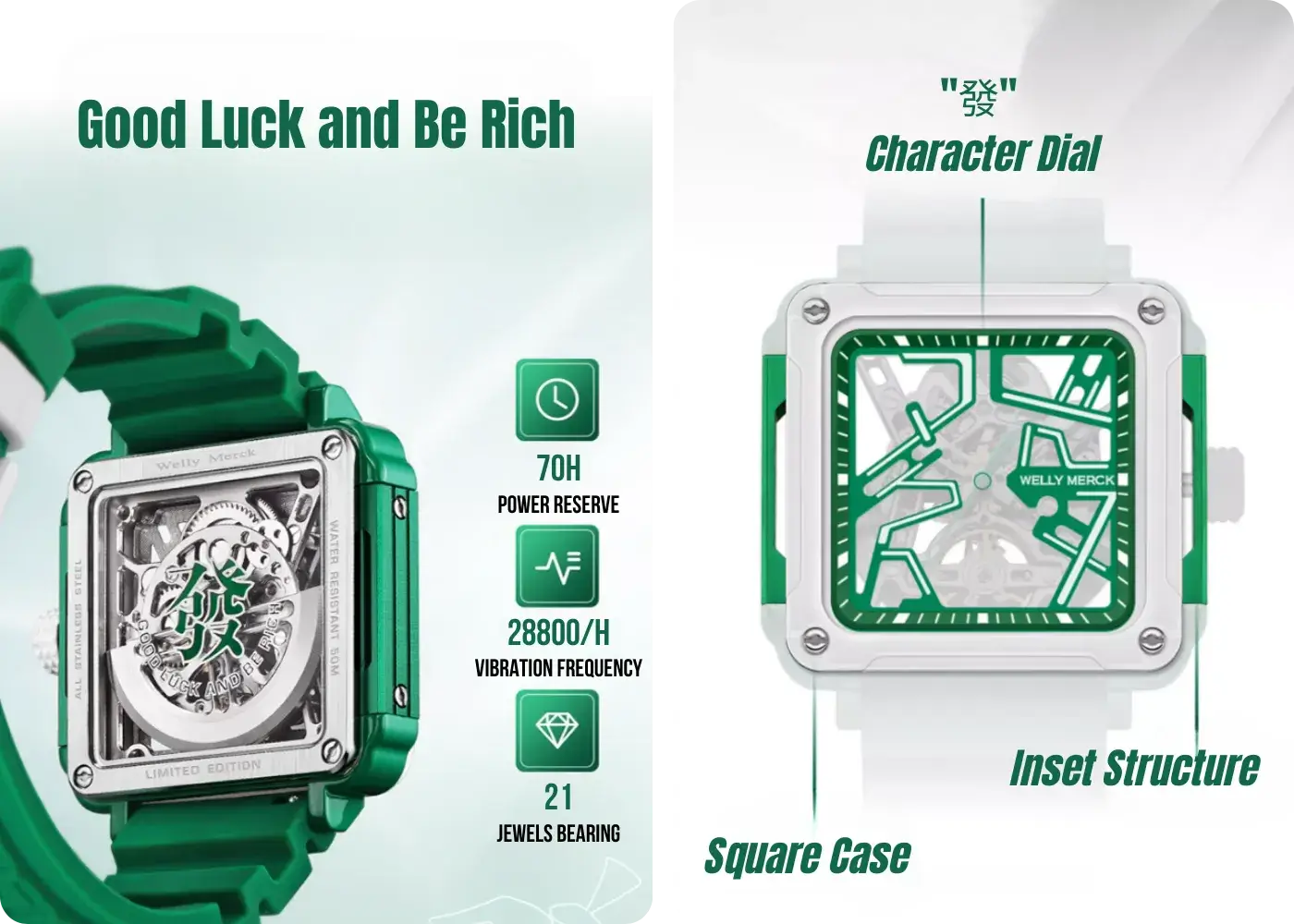 Fortune Mahjong watch with lucky character dial and visible movement