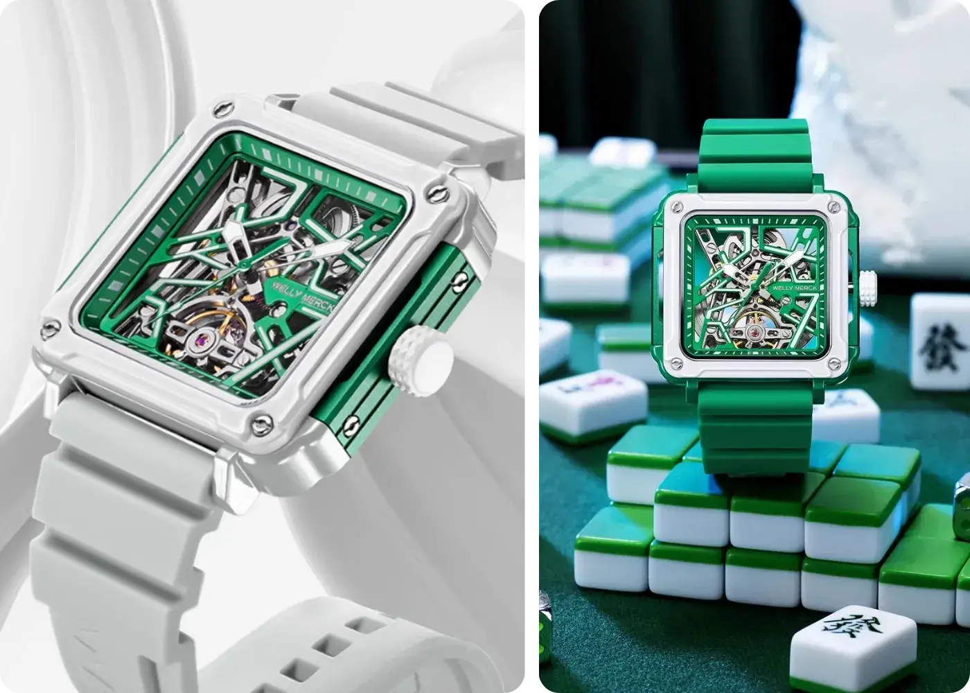 Fortune Mahjong watch with square skeleton dial and automatic movement