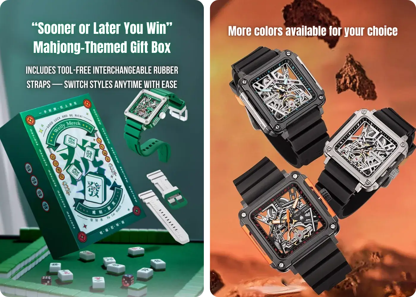 Fortune Mahjong watch with interchangeable straps and multiple colors