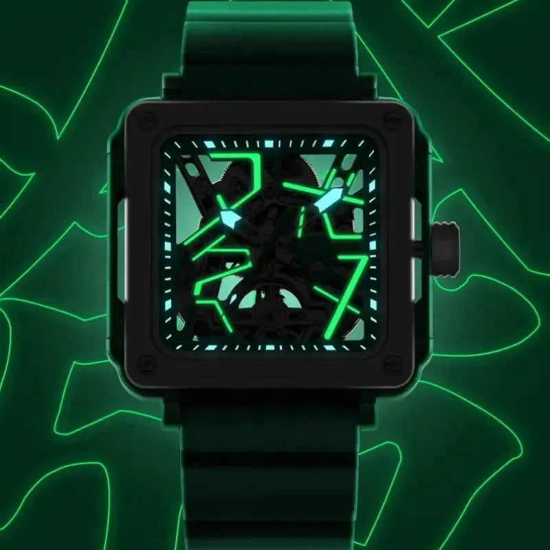 Black Fortune Mahjong watch with luminous green character dial