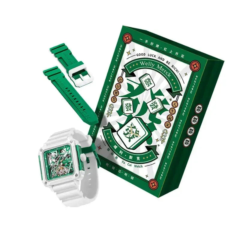 Fortune Mahjong mechanical watch with themed cards and straps