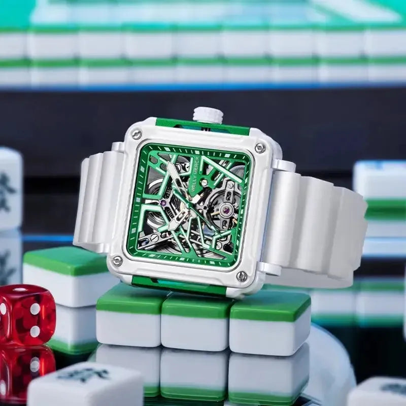 White ceramic Fortune Mahjong mechanical skeleton watch