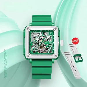 Bamboo green Fortune Mahjong mechanical skeleton watch
