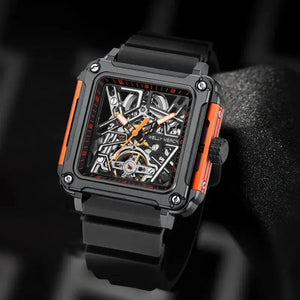 Coral orange Fortune Mahjong mechanical skeleton watch