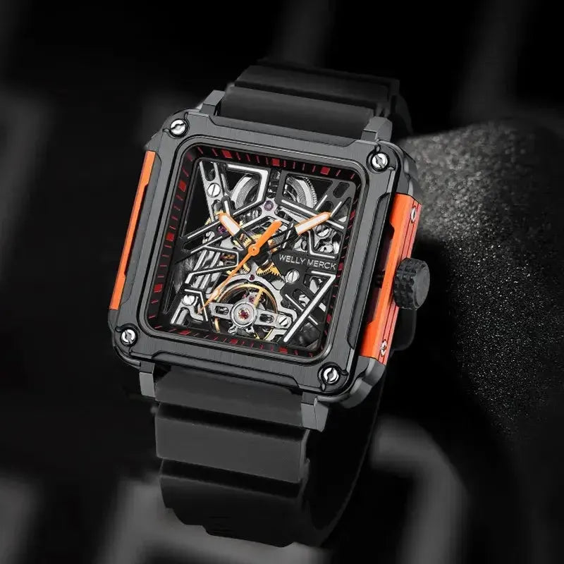Coral orange Fortune Mahjong mechanical skeleton watch