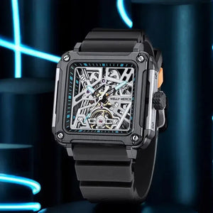 Ice blue Fortune Mahjong mechanical skeleton watch