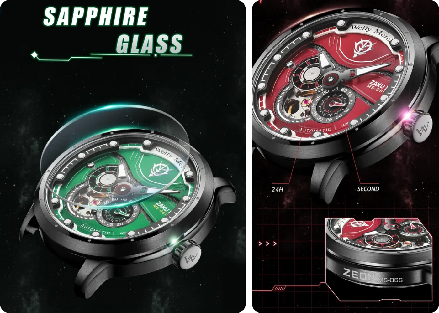 Red and green Zaku II watches with durable steel cases and skeleton dials