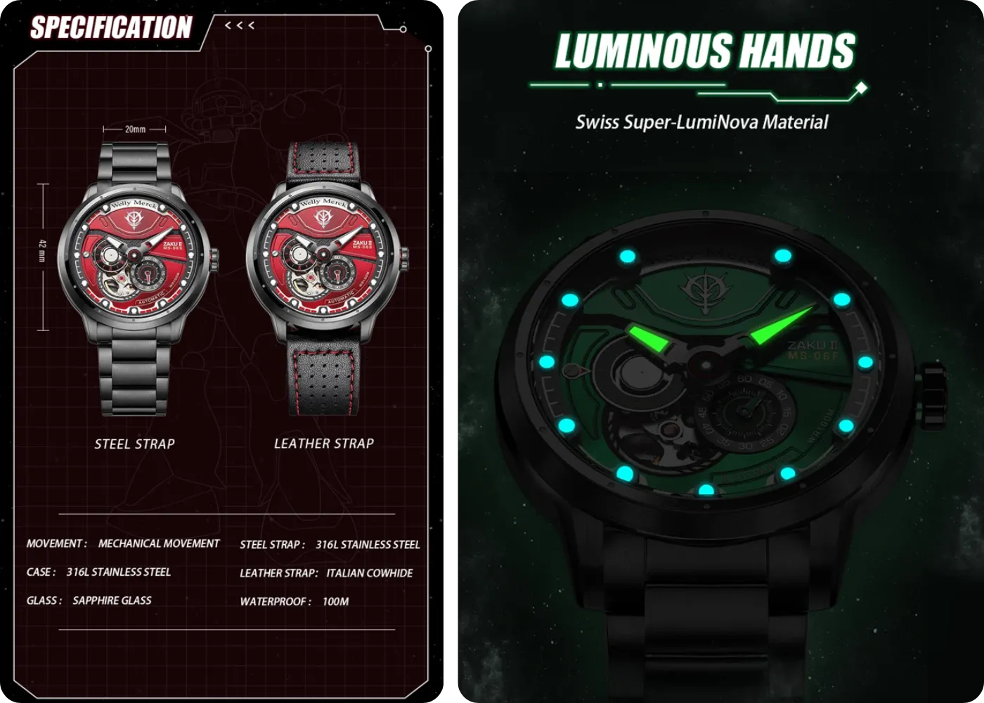 Zaku II watch specifications and luminous hands