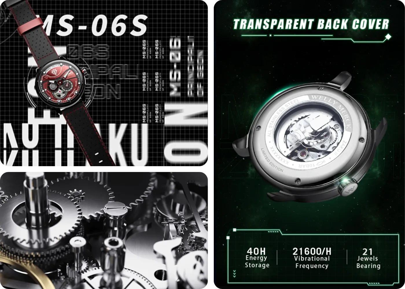 Zaku II automatic watch with sapphire glass and transparent mechanical case back