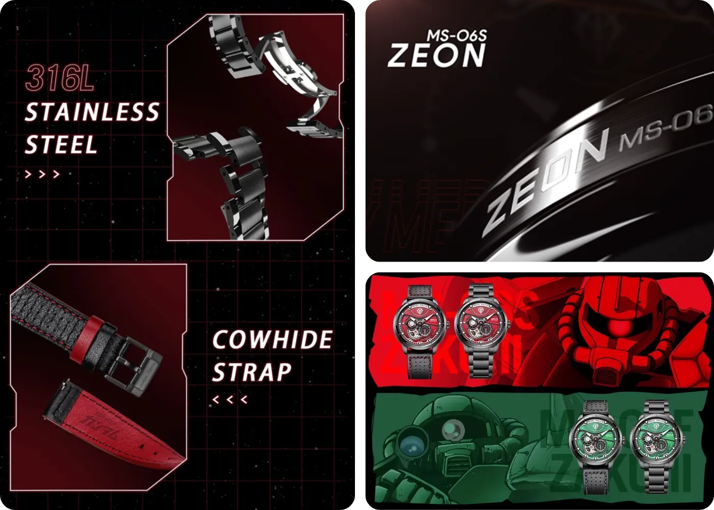 Gundam Zaku II watch strap options and Zeon-themed packaging