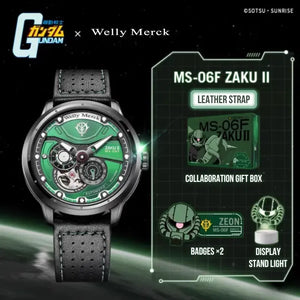 Green MS-06F Zaku II automatic watch with leather strap