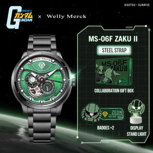 Green MS-06F Zaku II automatic watch with steel strap