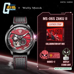 Red MS-06S Zaku II automatic watch with leather strap