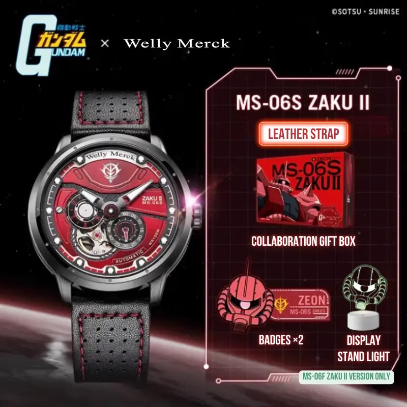 Red MS-06S Zaku II automatic watch with leather strap