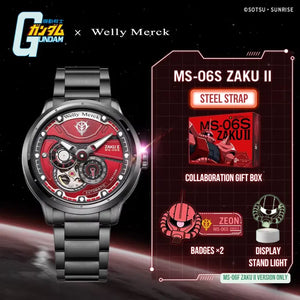Red MS-06S Zaku II automatic watch with steel strap
