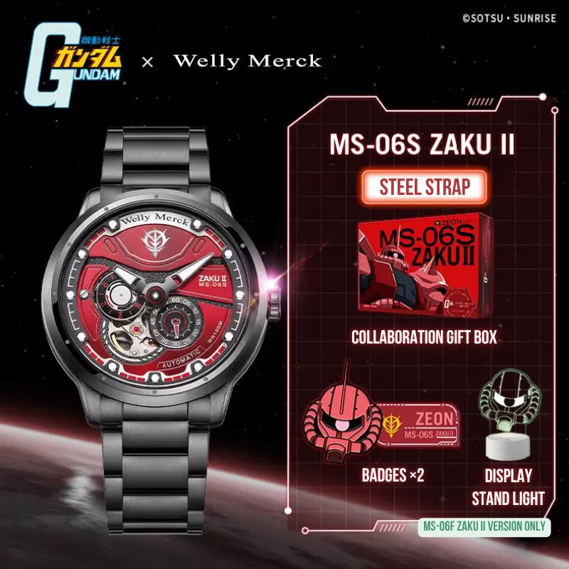 Red MS-06S Zaku II automatic watch with steel strap