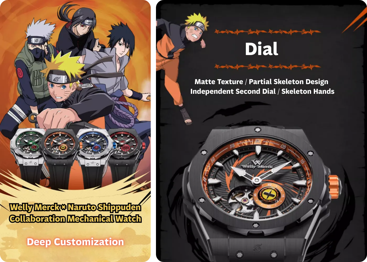 Welly Merck Naruto automatic watches in Naruto, Sasuke, Kakashi, and Itachi editions