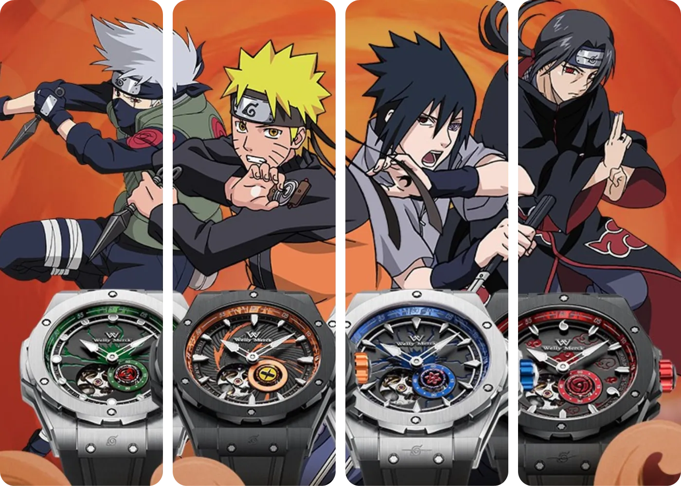 Naruto character automatic watches with themed gift boxes and badges