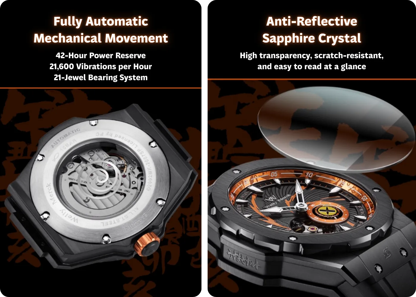 Naruto automatic watch with mechanical movement and sapphire crystal glass