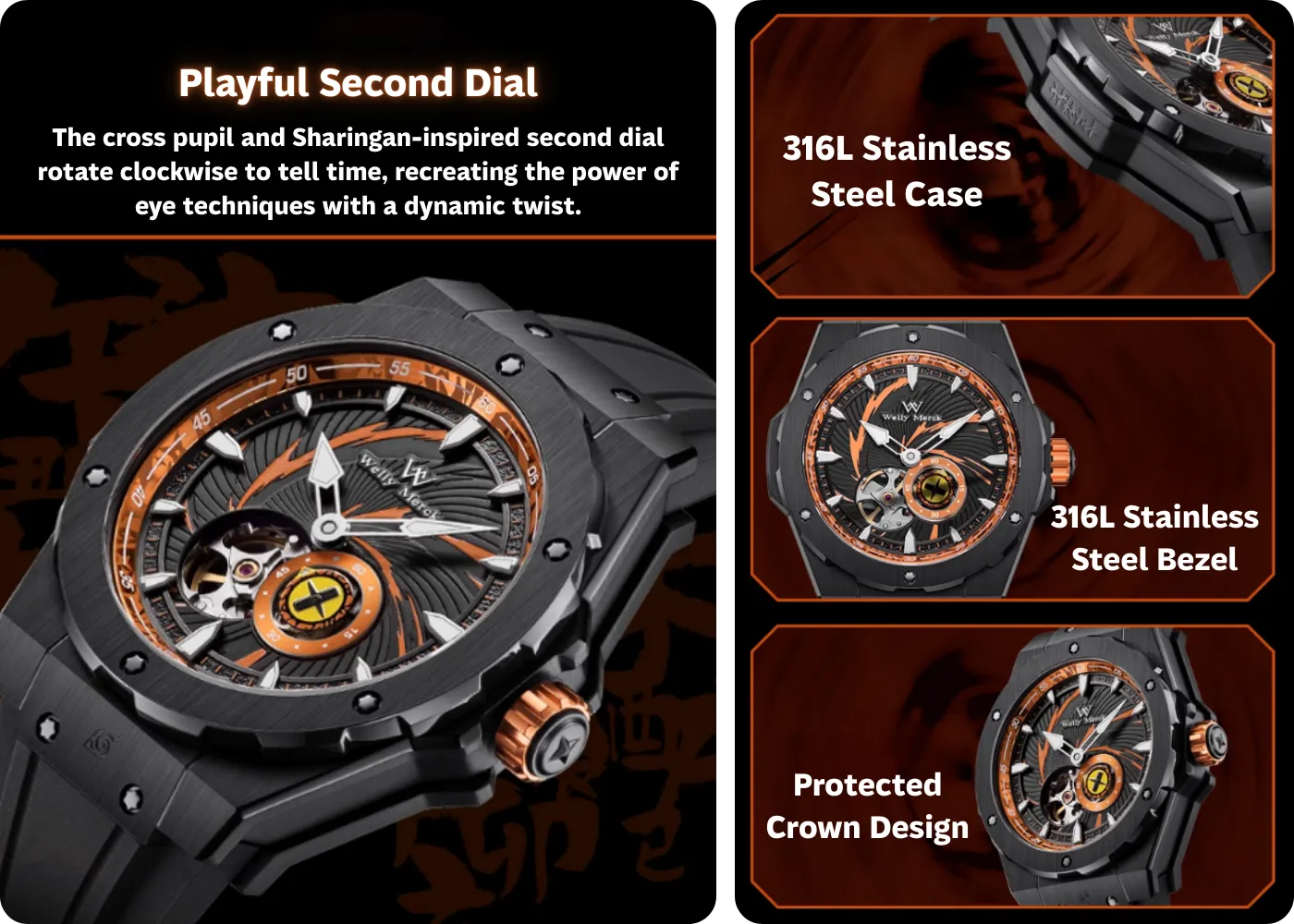 Naruto mechanical watch with character second dial and stainless steel case