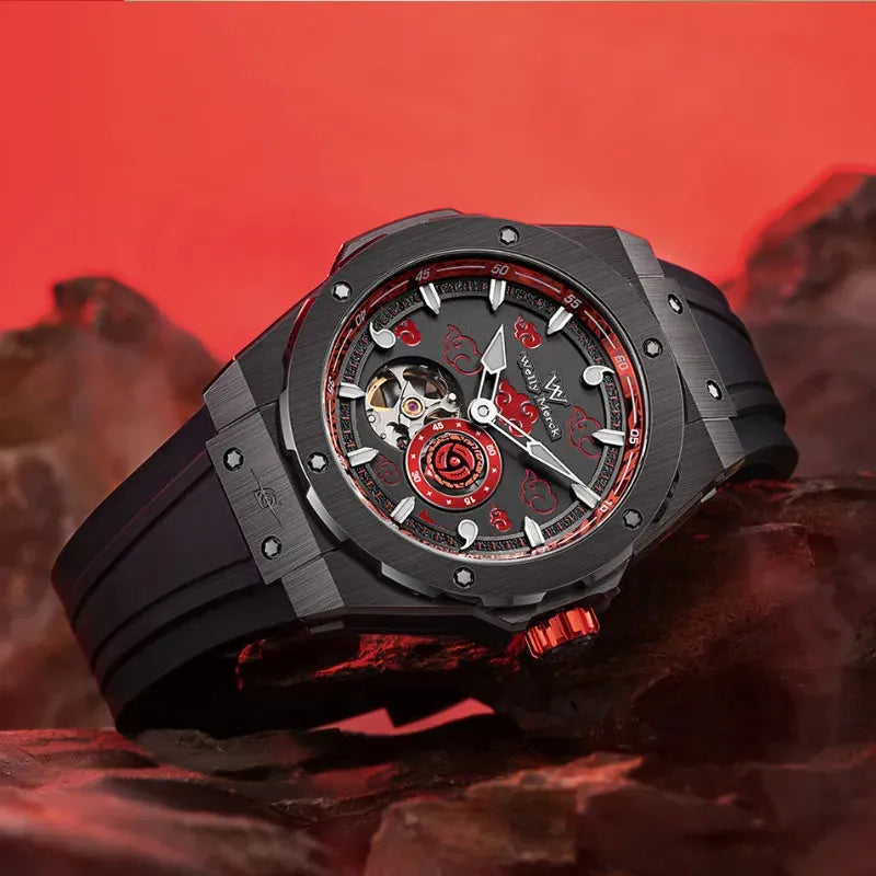 Close-up of the Itachi Uchiha skeleton mechanical watch
