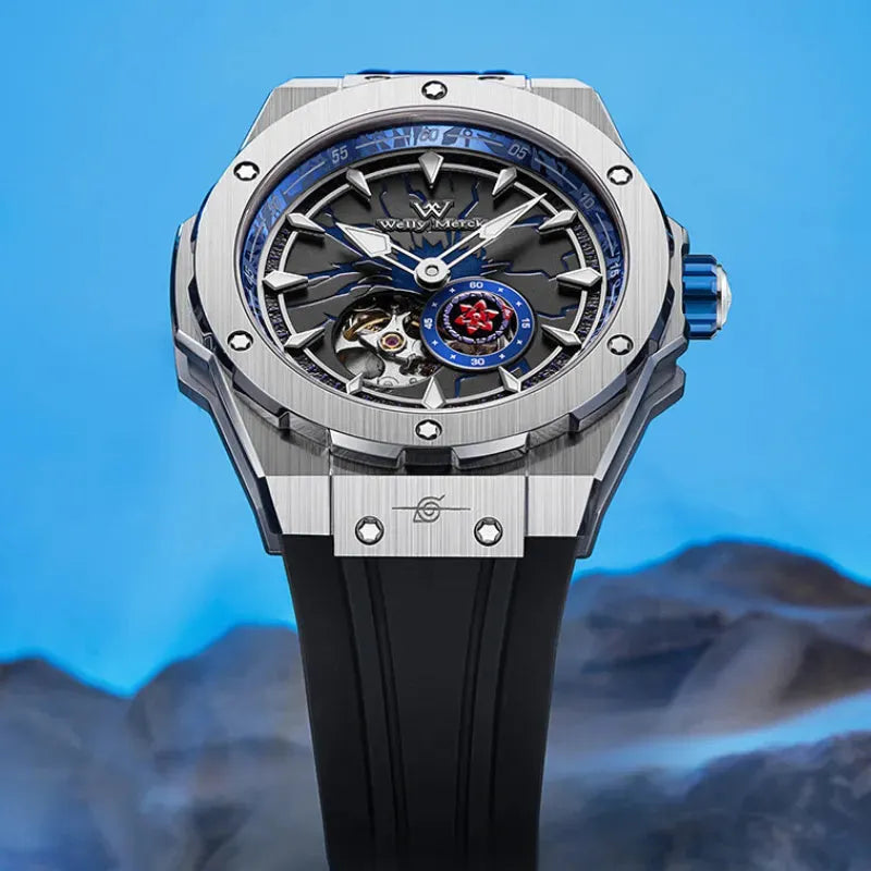 Close-up of the Sasuke Uchiha skeleton mechanical watch