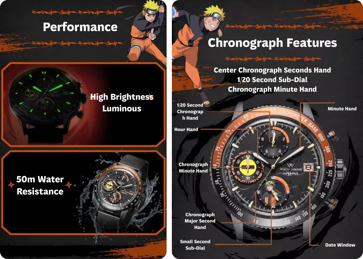 Naruto multifunction quartz watch with luminous chronograph display