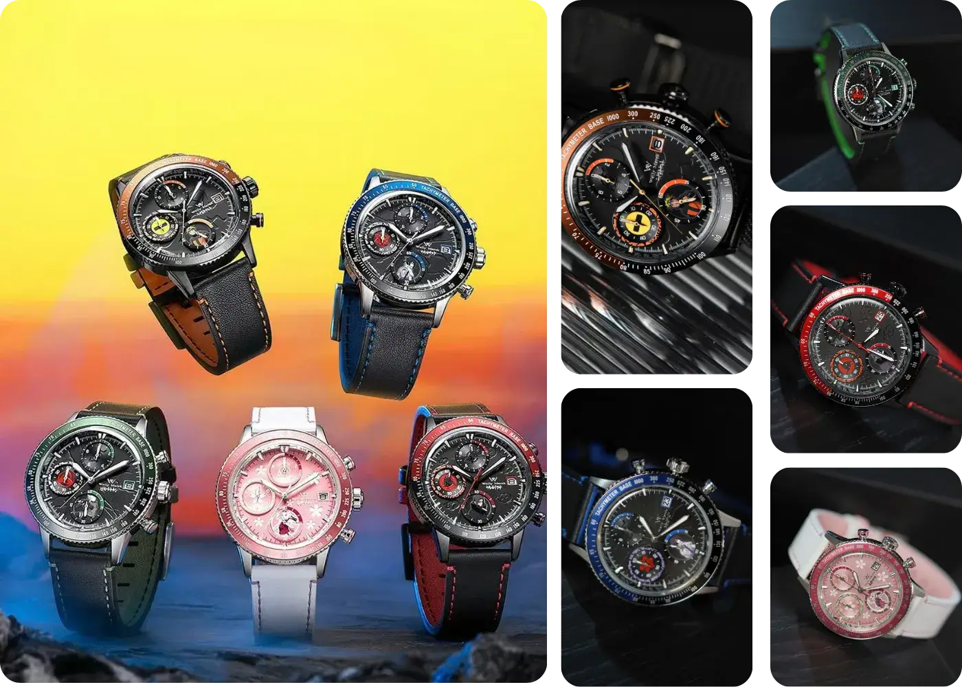 Naruto quartz chronograph watches in orange, green, blue, red, and pink