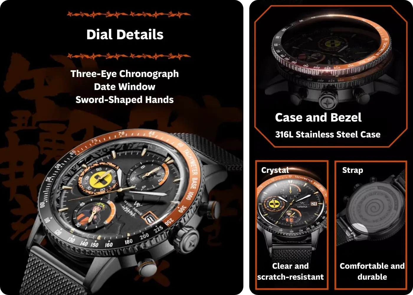 Naruto quartz watch with three-eye chronograph dial and stainless steel case