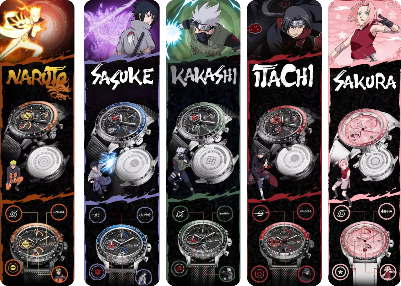 Naruto, Sasuke, Kakashi, Itachi, and Sakura quartz watch designs