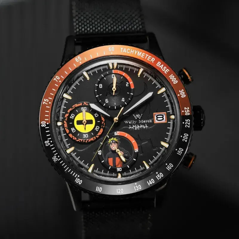 Close-up of the Naruto Uzumaki chronograph watch dial
